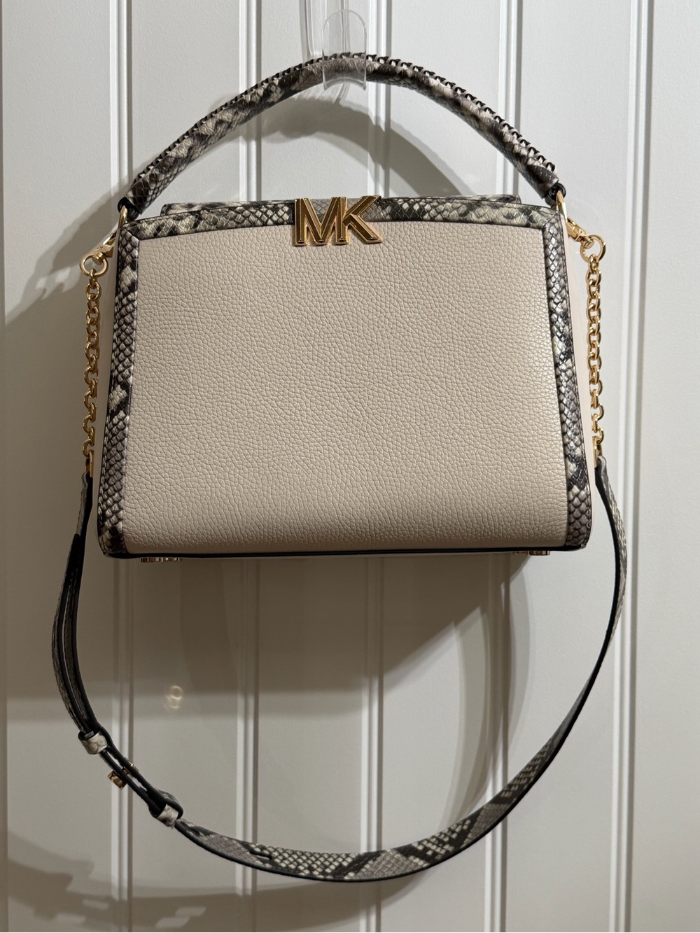 Michael Kors Cream Pebbled Satchel with Snake-Print Trim - Karli